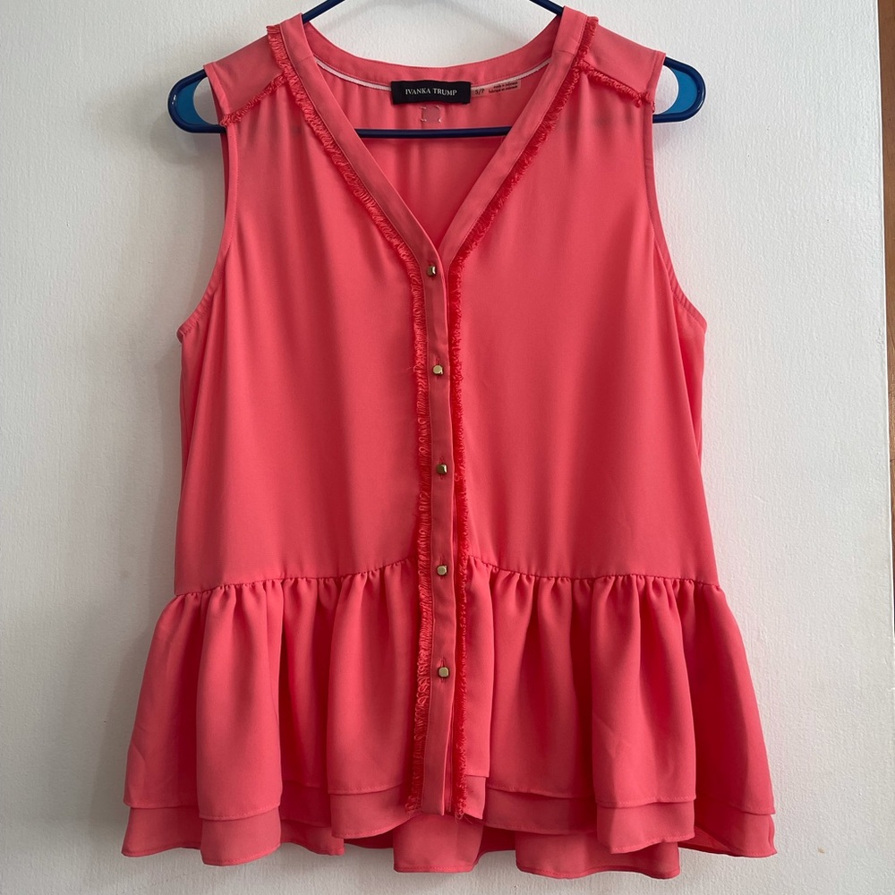 NWOT Ivanka Trump Sleeveless Orange Peplum Blouse V Neck Ruffle accent Sz Small